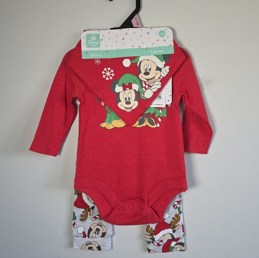 Disney Baby 3Pcs Set: Red Mickey & Minnie Kids Bib, Onesie & Pants Sz 0-3M